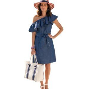 Trina Turk One Shoulder Mayreau Chambray Ruffle Mini Dress Belt Denim Size 0